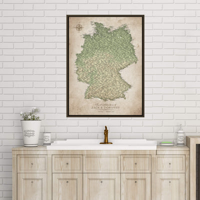 a bathroom setting with a large map of Germany hanging on the wall above a wooden cabinet with a sink.