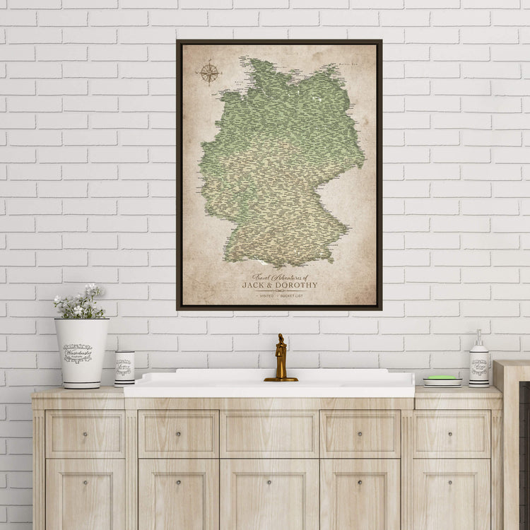 a bathroom setting with a large map of Germany hanging on the wall above a wooden cabinet with a sink.