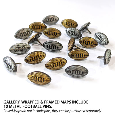 a collection of various metal football pins, which are described as "Gallery-wrapped and framed maps" and "10 metal football pins". The pins are arranged in a scattered manner, with some of them placed on top of rolled maps. The text indicates that the pins are included in the framed maps, and they are not included in the rolled maps, which can be purchased separately.