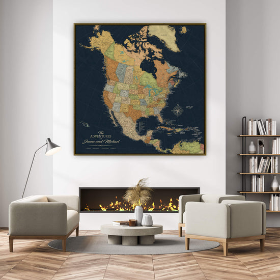 a large, detailed map of North America hanging on a wall in a living room. The map is surrounded by various decorative elements, including a fireplace, bookshelves, and a coffee table.