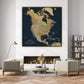 a large, detailed map of North America hanging on a wall in a living room. The map is surrounded by various decorative elements, including a fireplace, bookshelves, and a coffee table.