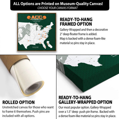 The image is a collage of three different canvas options for displaying a map of the United States. The first option is a ready-to-hang framed option, which features a deep-flowered frame and a dense foam-like material to hold the pins. The second option is a rolled option, where the canvas is unrolled and pushed into a frame. The third option is a gallery-wrapped option, which has a deep push pin frame and a dense foam-like material to hold the pins.