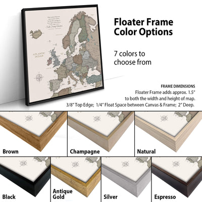 The image is a collage of different colored frames surrounding a map of Europe. The frames come in various colors, including brown, champagne, natural, antique, gold, silver, and espresso. The text above the image provides information about the frame options, including the number of colors available and the frame dimensions.