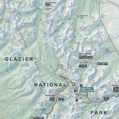 The image is a detailed topographical map of the Glacier National Park region, showing various landmarks, trails, and natural features.