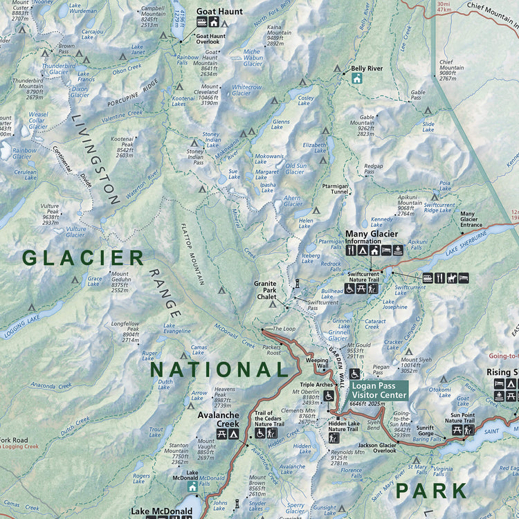 The image is a detailed topographical map of the Glacier National Park region, showing various landmarks, trails, and natural features.