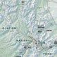 The image is a detailed topographical map of the Glacier National Park region, showing various landmarks, trails, and natural features.