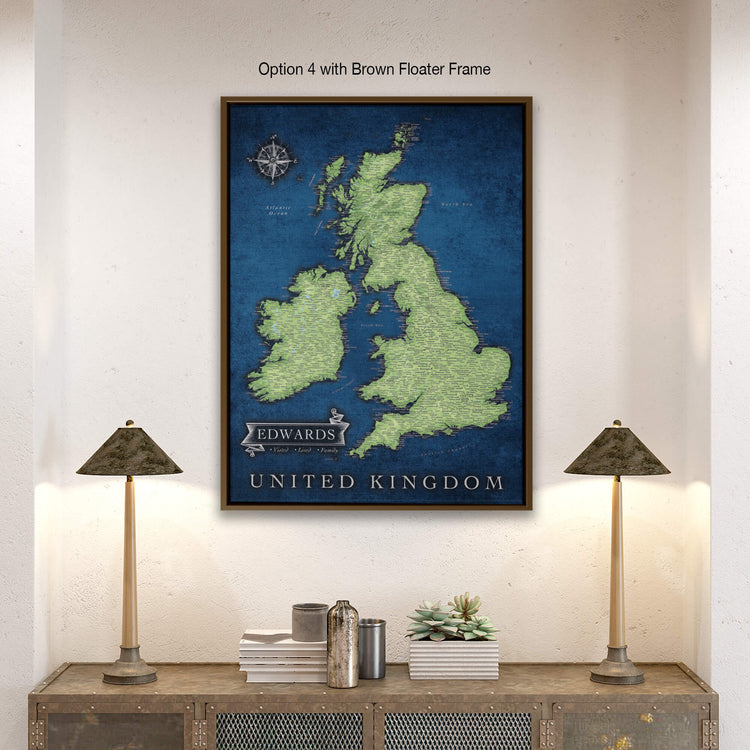 a map of the united kingdom hangs on a wall