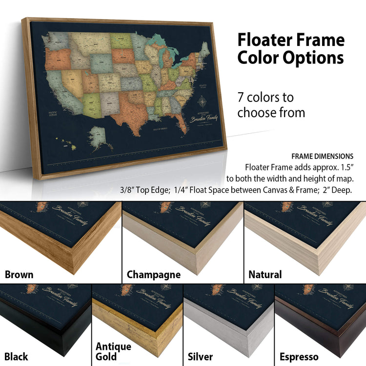 The image is a collage of different colored frames surrounding a map of the United States. The frames vary in color and size, and the map is displayed in different styles and orientations.