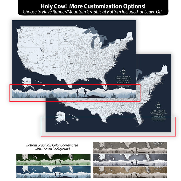 The image is a large-scale map of the United States, with a color-coordinated bottom graphic. The map is designed to be customizable, allowing users to choose the runner/mountain graphic at the bottom and leave off the bottom graphic.