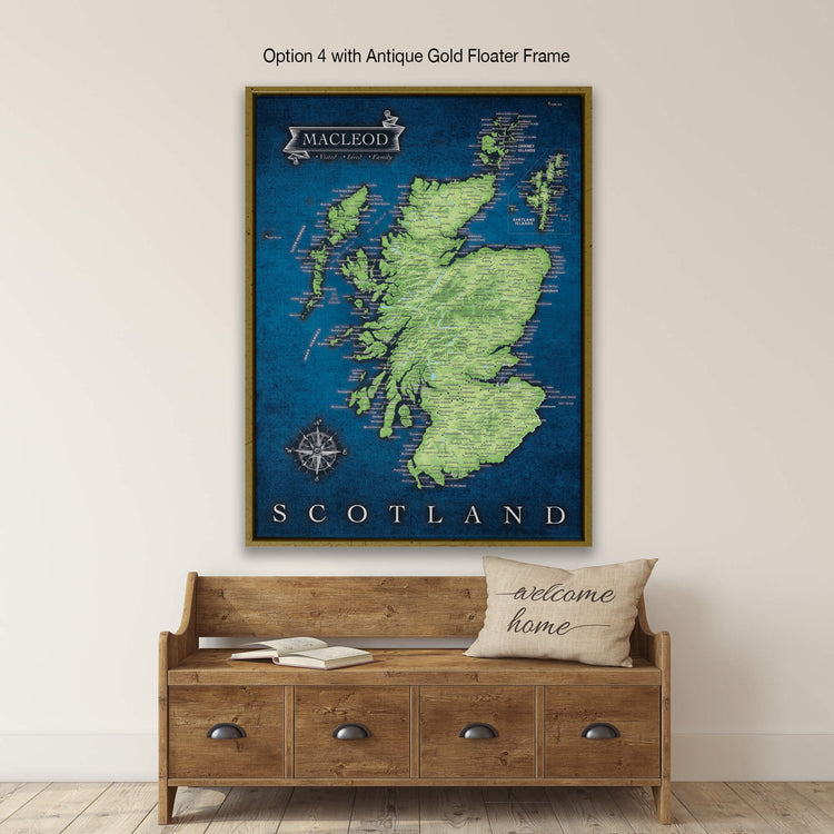 a large map of Scotland hanging on a wall above a wooden bench.