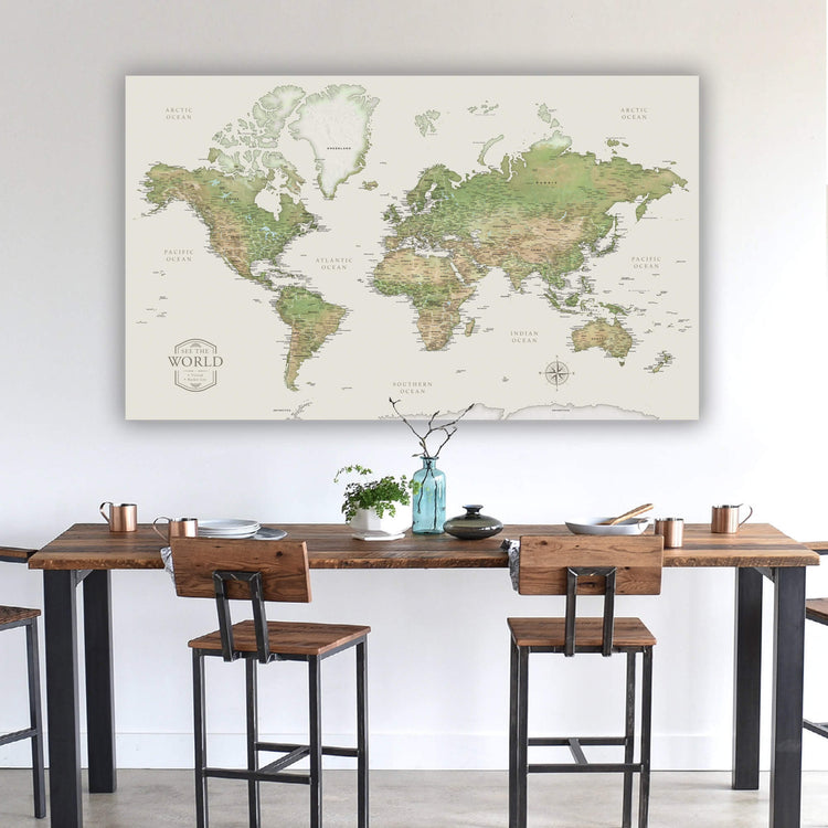 a map of the world hanging on a wall