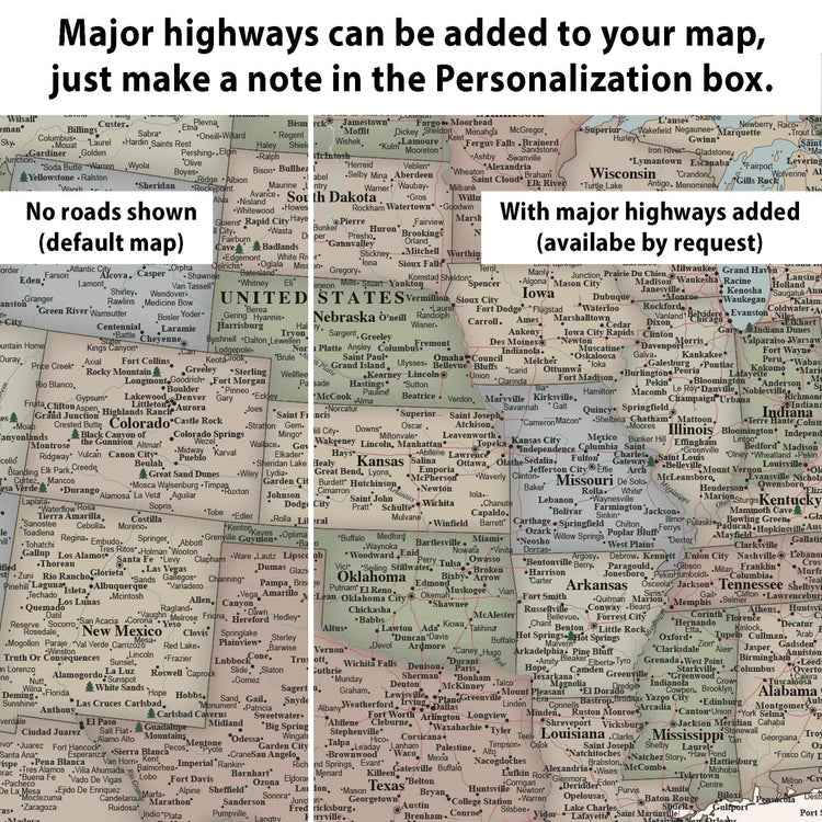 The image is a detailed map of the United States, with major highways and roads clearly marked. The map includes a note in the Personalization box, allowing users to add major highways to their map. The map is available for request, as indicated by the text.