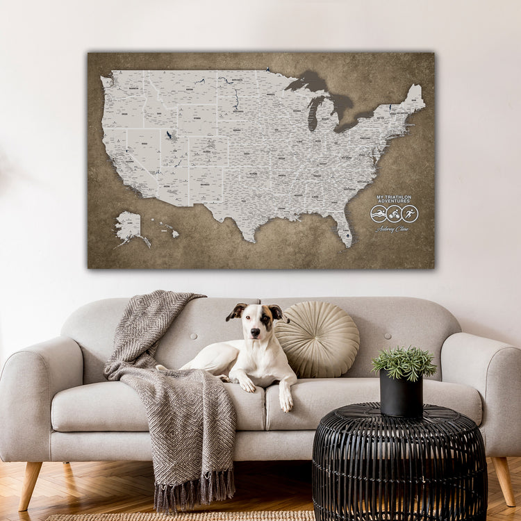 A large map of the United States is displayed on the wall above a gray sofa, with a dog sitting on the sofa in front of the map.
