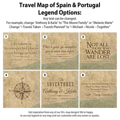 six different travel map designs, each with a unique title and theme. The titles include "Life takes us to unexpected places," "Love brings us home," "Travellers planned," "Travellers taken," "Travellers planned," and "The adventures of Anthony & Karla." The designs are presented in a collage format, allowing for inspiration from various map designs and the ability to customize with names or quotes.
