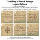 six different travel map designs, each with a unique title and theme. The titles include "Life takes us to unexpected places," "Love brings us home," "Travellers planned," "Travellers taken," "Travellers planned," and "The adventures of Anthony & Karla." The designs are presented in a collage format, allowing for inspiration from various map designs and the ability to customize with names or quotes.