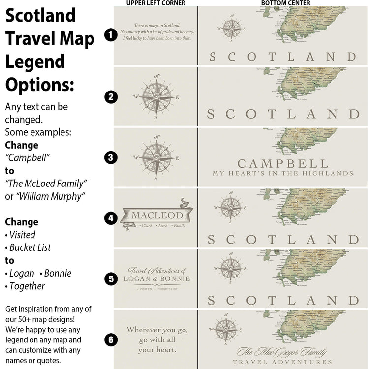 a travel map legend with various options for customizing the map, including changing the name of a location, adding a family name, and including a quote or slogan.