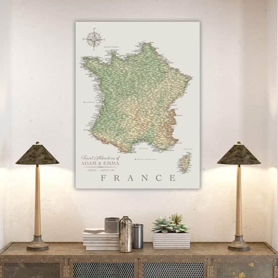 a large map of France hanging on a wall, with a wooden shelf below it displaying various items such as a lamp, a plant, and some books.
