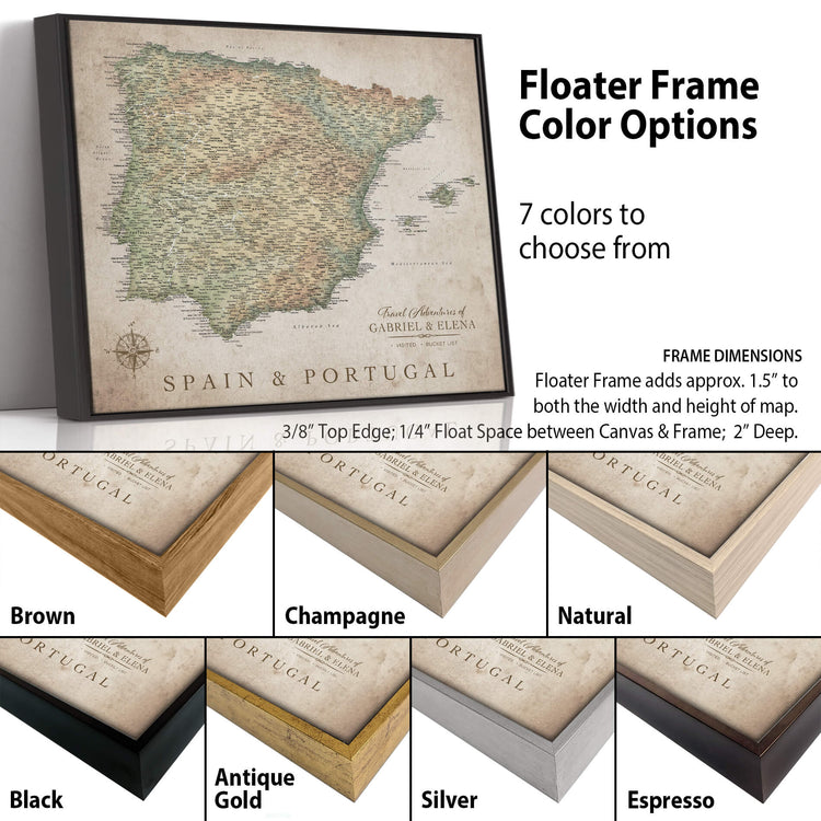 The image is a collage of different colored frames for a map of Spain and Portugal, with a focus on the frame options available.