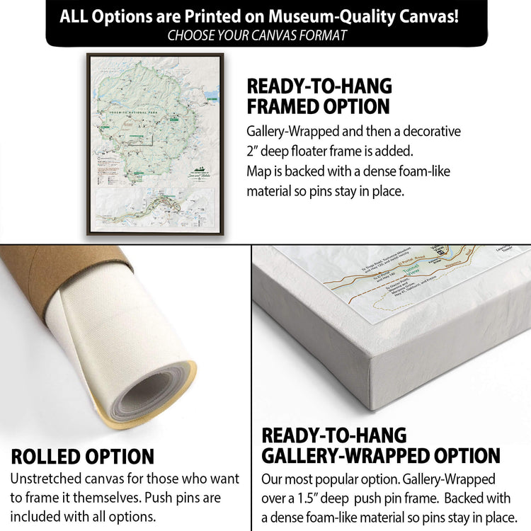 The image is a collage of three different options for a framed map, each with its own description and features.