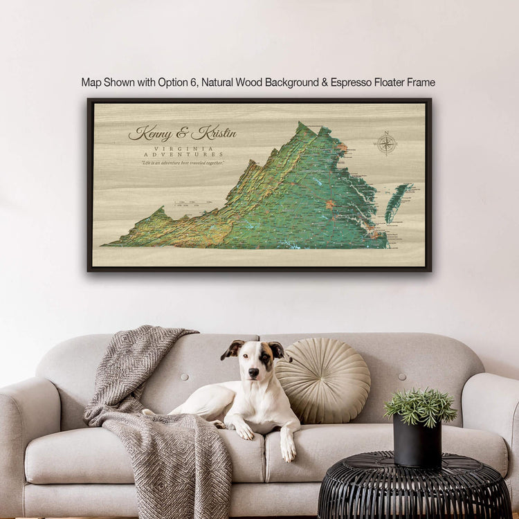 a dog sitting on a couch in a living room under Virginia Push Pin Map with FLoater frame