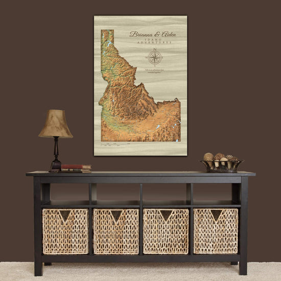 a table with wicker baskets under a painting