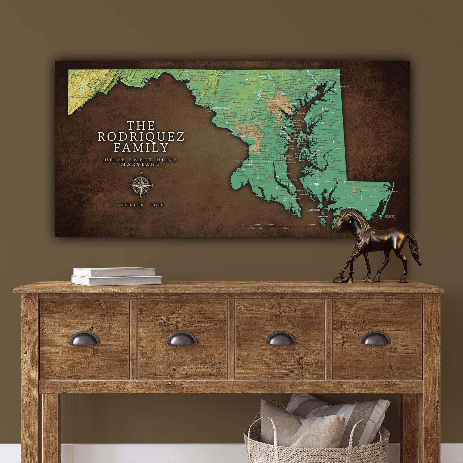 a wooden table with a horse statue on top of it