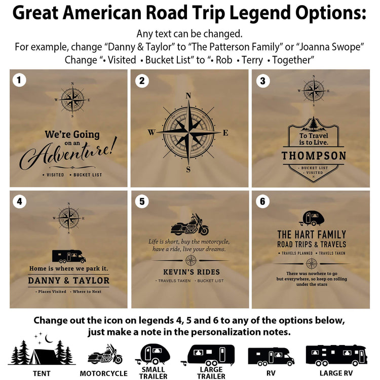 a map of the great american road trip legend options