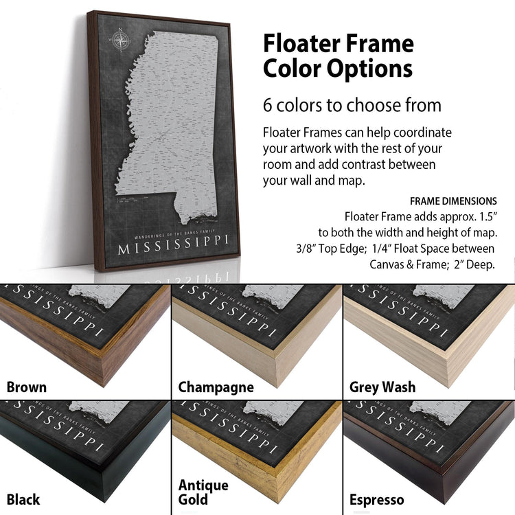 a picture frame with a map of the state of mississippi
