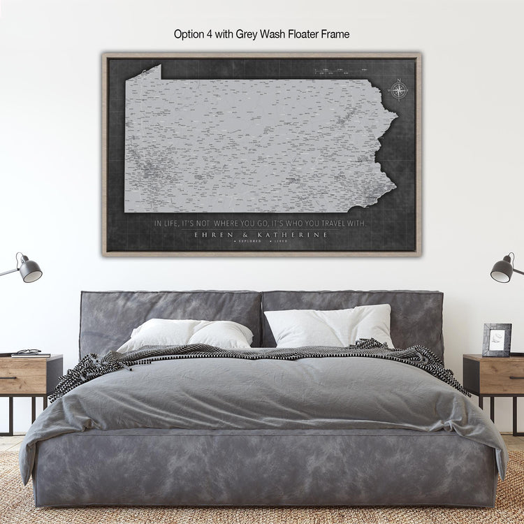 a bedroom with a large poster on the wall above the bed