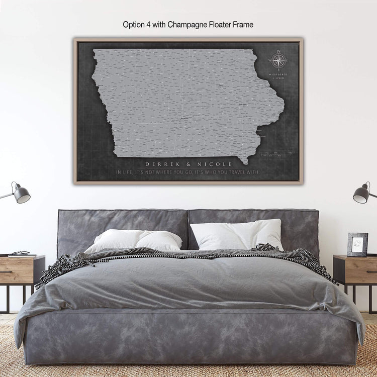 a bedroom with a large poster on the wall