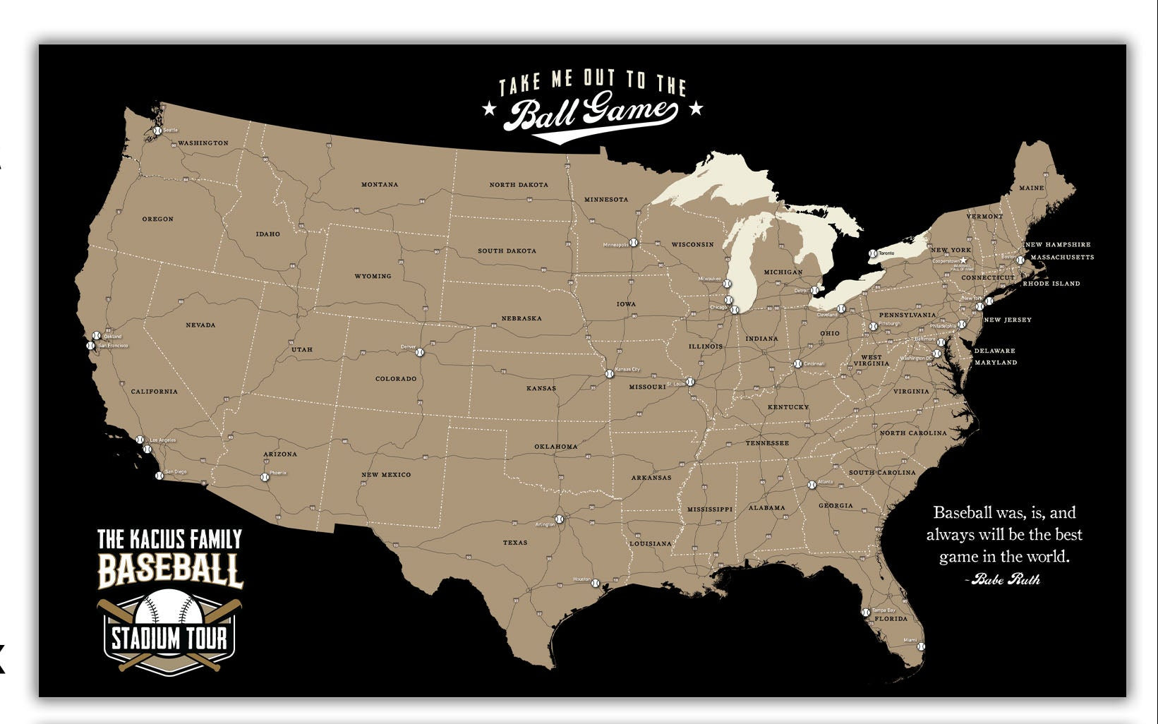 USA メジャーリーグベースボール 【TEAM PINS MAP】 MLB Map - Ballparks and Teams - Baseball Stadium Wall Art