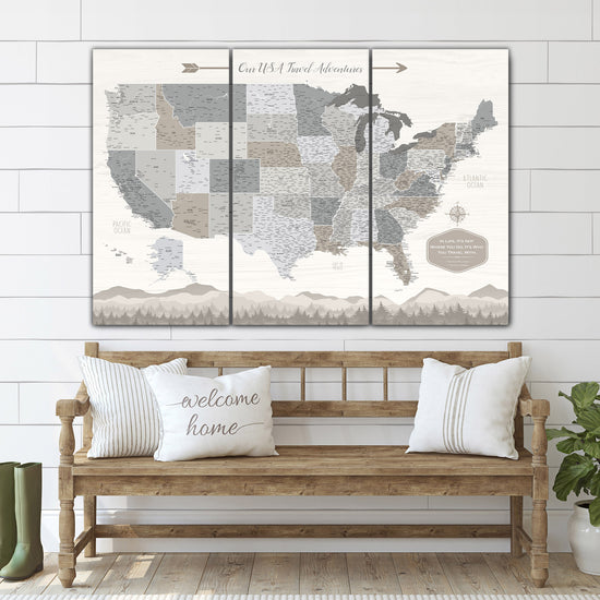Farmhouse United States Push Pin Map - 3 Panel