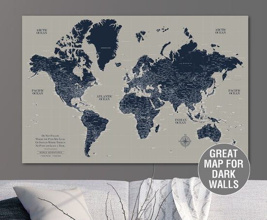 Greige & Navy Push Pin Travel Map of the World