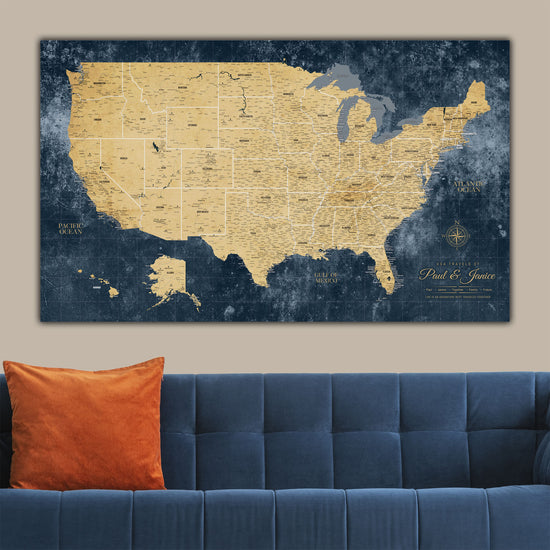 Gold & Navy Textured USA Push Pin Map