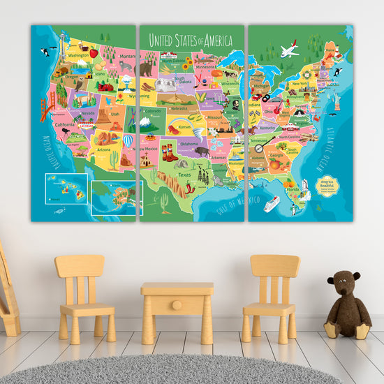 Kids Colorful USA Push Pin Map - 3 Panel