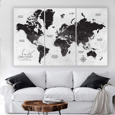 Black & White Three Panel Push Pin Map - Canvas Wall Art - HolyCowCanvas