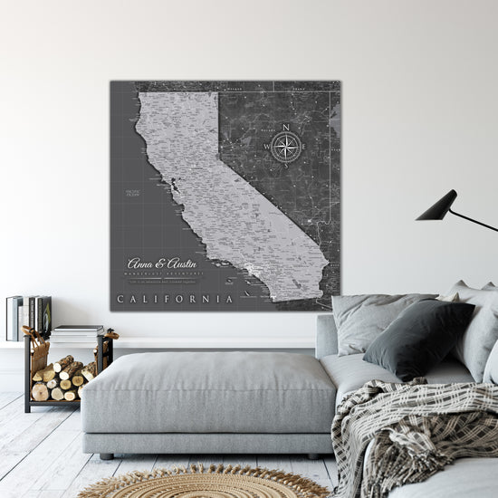 California Push Pin State Travel Map Wall Art - Grey