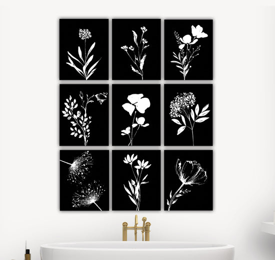 Botanical Flower Sketches on Black Background