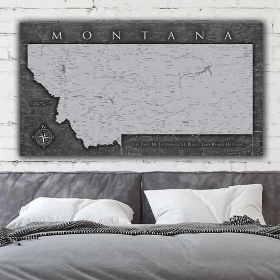 Montana Push Pin State Travel Map Wall Art - Grey | Holy Cow Canvas
