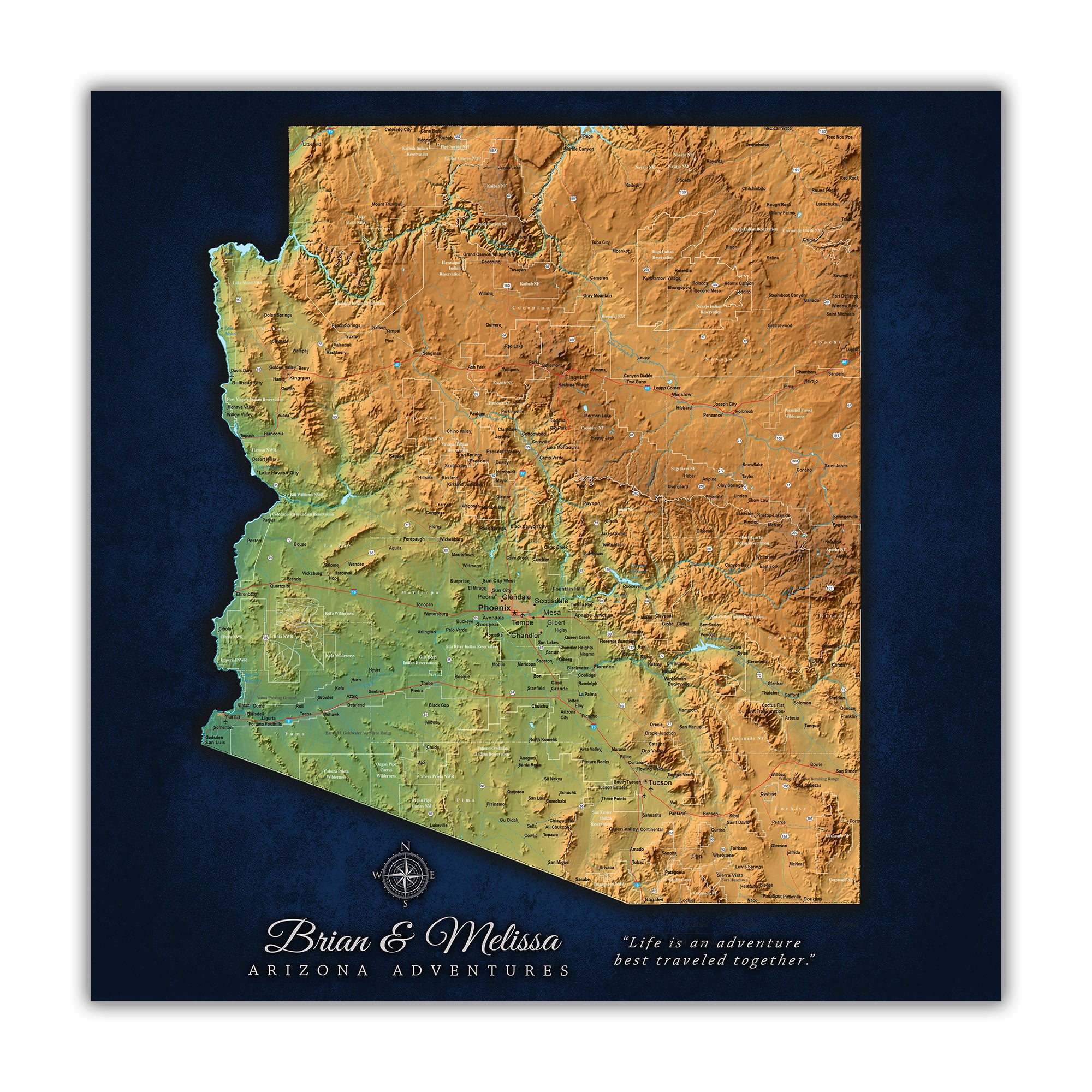 Arizona Push Pin Map with Cities & Terrain- Single Panel