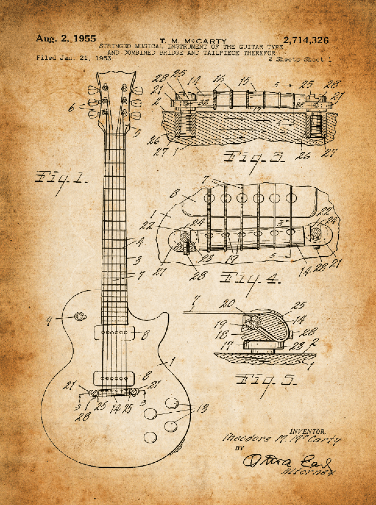 Gibson Guitar Patent Print Art on Canvas - Canvas Wall Art - HolyCowCanvas