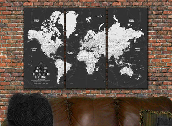 Modern Push Pin World Travel Map - 3 Panel