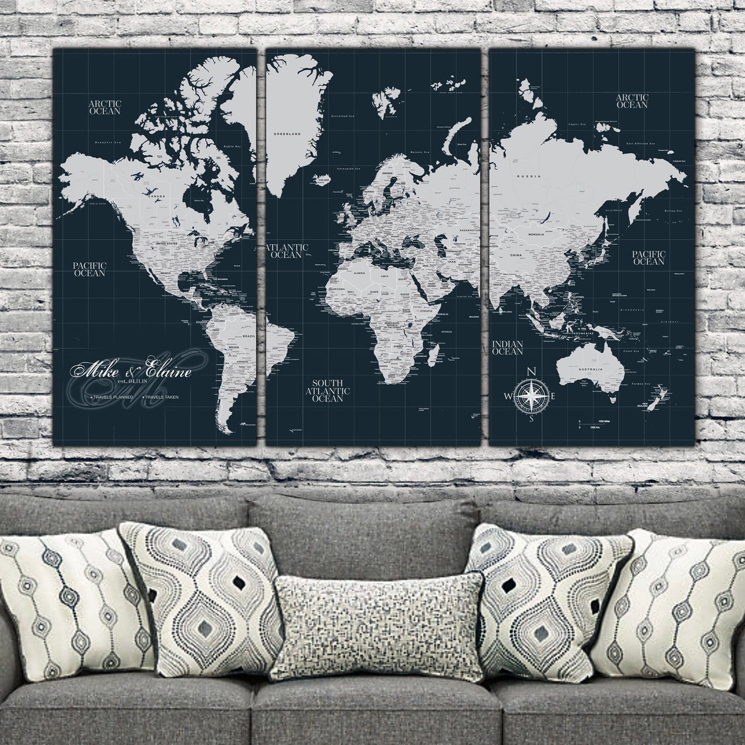 Navy Push Pin Travel Map of the World - 3 Panel - Canvas Wall Art - HolyCowCanvas