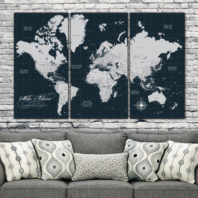 Navy Push Pin Travel Map of the World - 3 Panel - Canvas Wall Art - HolyCowCanvas