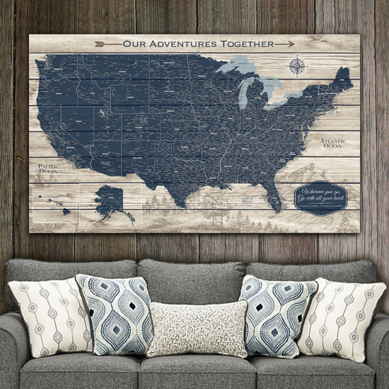 Rustic Wood Grain USA Push Pin Map on Canvas