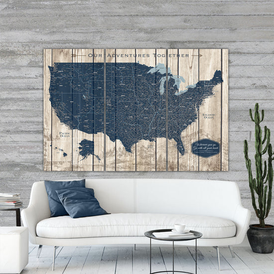 Large Rustic Push Pin USA Map Canvas - 3 Panel