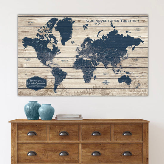 Rustic Wood Grain Push Pin World Map - Single Panel