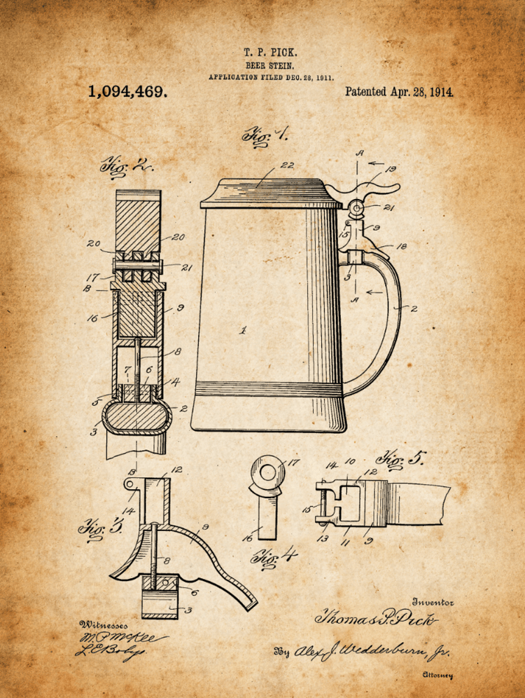 Beer Stein Patent Print Art on Canvas - Canvas Wall Art - HolyCowCanvas