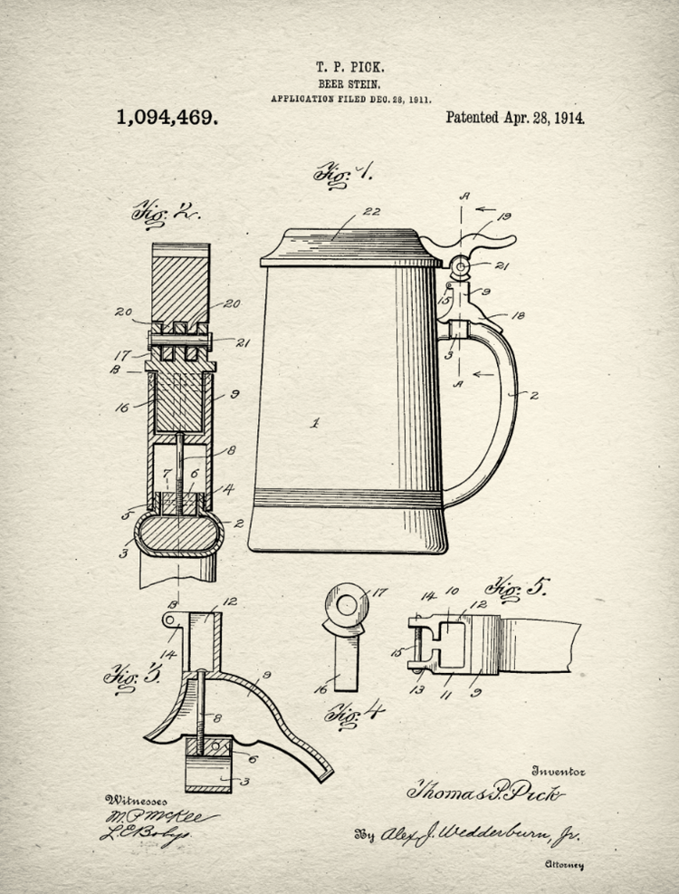 Beer Stein Patent Print Art on Canvas - Canvas Wall Art - HolyCowCanvas