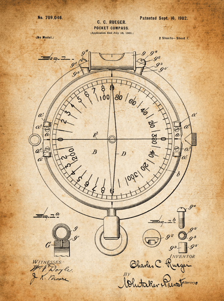 Compass Patent Print Art on Canvas - Canvas Wall Art - HolyCowCanvas